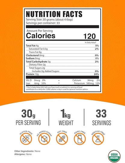 BulkSupplements.com Organic Hemp Protein Powder - Hemp Seed Protein, Superfood Protein Powder, Unflavored Protein - Vegan & Gluten Free, 30g per Serving, 1kg (2.2 lbs) (Pack of 1)