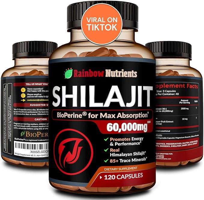 Pure Himalayan Shilajit Capsules Supplement (60,000mg+ Absorption Enhancer+50% Fulvic Acid) Natural 30:1 Shilajit with 85+ Trace Minerals for Energy, Performance, Immune Support| Non GMO| 120 Pills