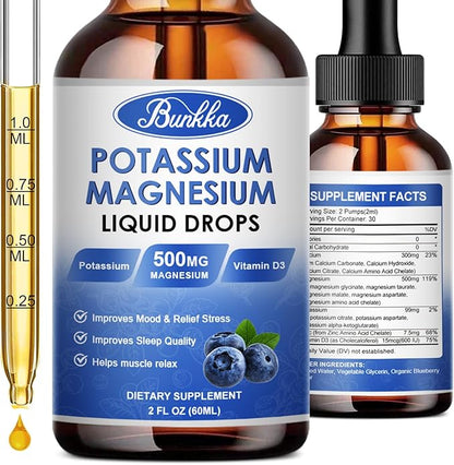 Potassium Magnesium Liquid Drops Supplement with Potassium 99mg, Magnesium 500mg,Calcium, Vitamin D3, Zinc, for Leg Cramps, Energy, Metabolism, for Adult and Kid,Sugar Free
