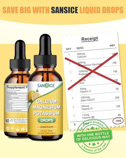 Calcium Magnesium Potassium Supplement Liquid,400mg Magnesium Glycinate,600mg Calcium Magnesium Drop Supplement with Vitamin D and Zinc (60ml/Lemon Flavor)