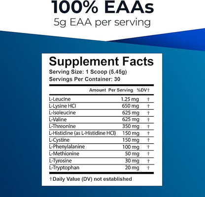 Ultimate 100% Essential Amino Acids Powder for Men & Women [Citrus Flavor, 30 (5g) Servings] All 9 EAAs with 40% Leucine in Optimized BCAA Ratio - Increase Energy, Muscle & Recovery - Vegan & Keto