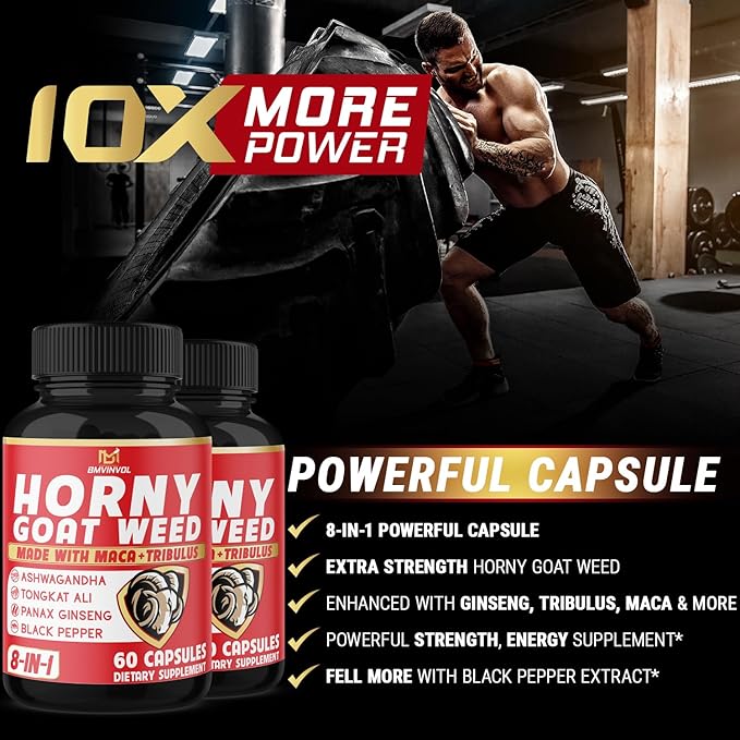 BMVINVOL Horny Goat Weed Capsules with Tribulus, Ginseng, Ashwagandha, Maca, Tongkat Ali - (2 Packs) 120 Capsules