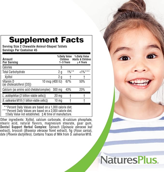 Natures Plus Animal Parade Tooth Fairy Children's Chewables - Natural Vanilla Flavor - 90 Animal-Shaped Tablets - Dental Health Supplement - Vegetarian, Gluten Free - 45 Servings