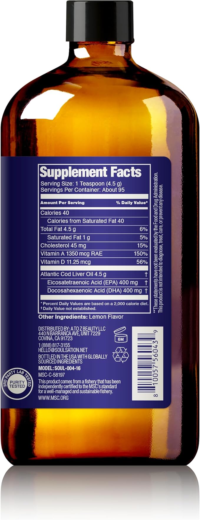 Icelandic Cod Liver Oil Liquid, Lemon (16oz) - Vitamins A & D, EPA & DHA - Helps Vision, Skin Membranes & Immune Function - MSC Certified, Non-GMO