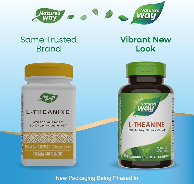 Nature's Way L-Theanine, Stress Support*, Promotes Relaxation*, 200 mg per 2-Capsule Serving, Vegan, 180 Capsules (Packaging May Vary)