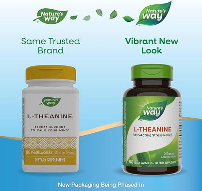 Nature's Way L-Theanine, Stress Support*, Promotes Relaxation*, 200 mg per 2-Capsule Serving, Vegan, 180 Capsules (Packaging May Vary)