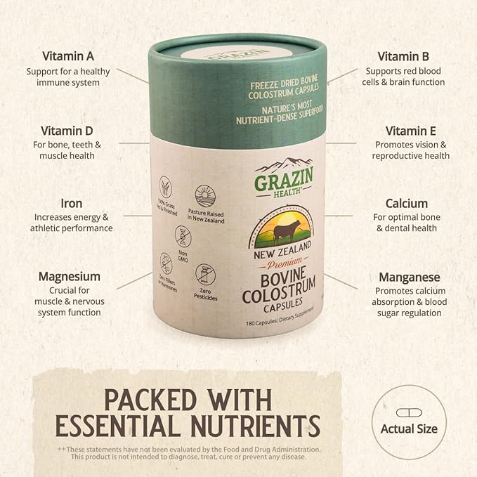 Grass Fed Bovine Colostrum: 3000Mg per Serving (500 mg per Capsule) (30 Servings)