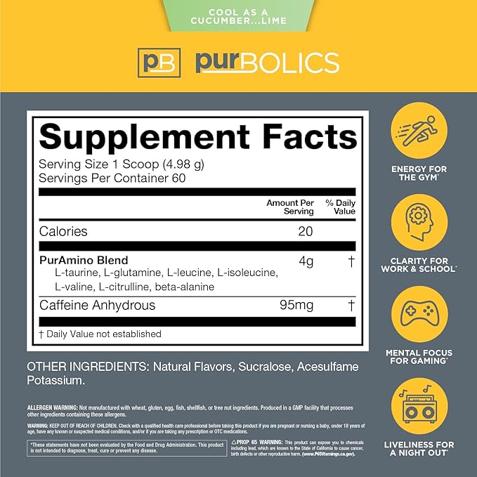 Aminos + Energy | Supports Recovery, Energy & Focus | 95mg of Caffeine, 0 Sugar & 60 Servings (Cool As Cucumber…Lime)