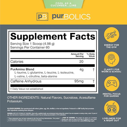 Aminos + Energy | Supports Recovery, Energy & Focus | 95mg of Caffeine, 0 Sugar & 60 Servings (Cool As Cucumber…Lime)