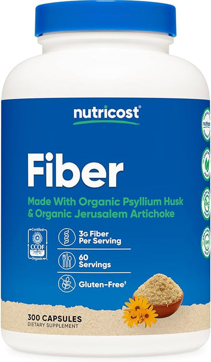 Nutricost Fiber Capsules with Prebiotic Fiber Supplement 300 Capsules - Made with Organic Psyllium Husk & Organic Jerusalem Artichoke, 60 Servings, Gluten Free, 3 G Per Serving