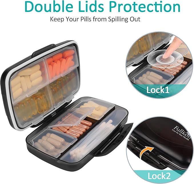 Travel Pill Organizer Large Portable Moisture Proof Vitamin Case, Fullicon Oversize 8 Compartment Pill Box, Pill Holder - Airtight & Moistureproof – Grey