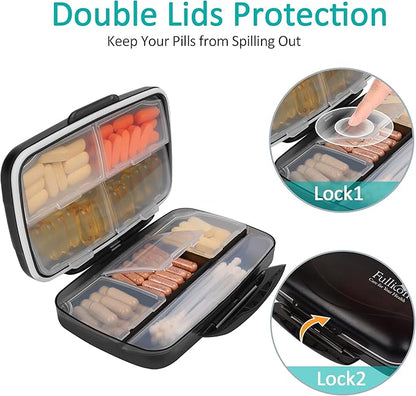 Travel Pill Organizer Large Portable Moisture Proof Vitamin Case, Fullicon Oversize 8 Compartment Pill Box, Pill Holder - Airtight & Moistureproof – Grey