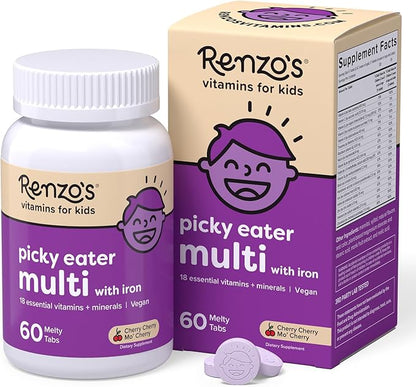 Renzo's Picky Eater Kids Multivitamin with Iron - Dissolving Kids Vitamins with Vitamin D3 & K2 and More - 60 Sugar-Free Melty Tabs, Cherry Cherry Mo’ Cherry Flavored