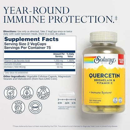 SOLARAY Quercetin with Bromelain and Vitamin C - Immune Support Supplement - Antioxidant and Heart Health Complex with Quercetin 500mg and 1235mg VIT C - Vegan, 60-Day Guarantee, 75 Serv, 150 VegCaps