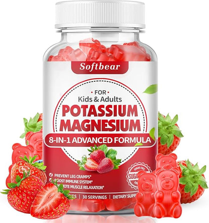softbear Potassium Gummies for Adults, High Absorption Magnesium Potassium Supplement with Vitamin B6 for Leg Cramps & Muscle Health Sugar-Free Vegan Strawberry 60 Gummies