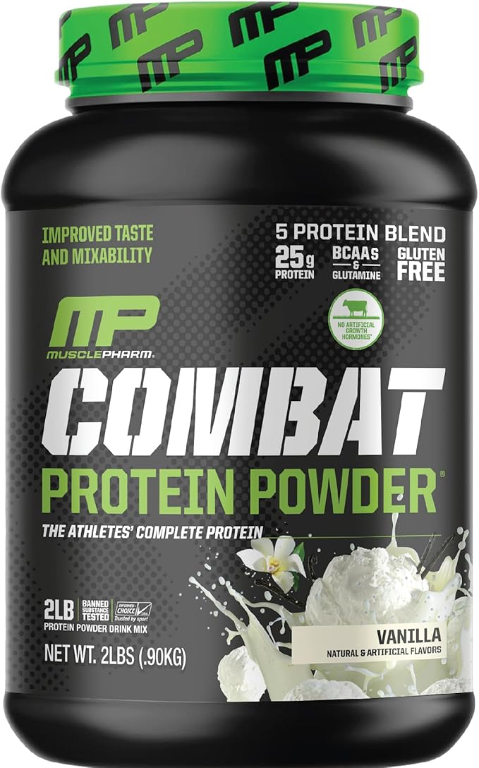 MusclePharm Combat Protein Powder, Vanilla Flavor, Fuels Muscles for Productive Workouts, 5 Protein Sources Including Whey Protein Isolate & Egg Albumin, Gluten Free, 2 lb, 26 Servings