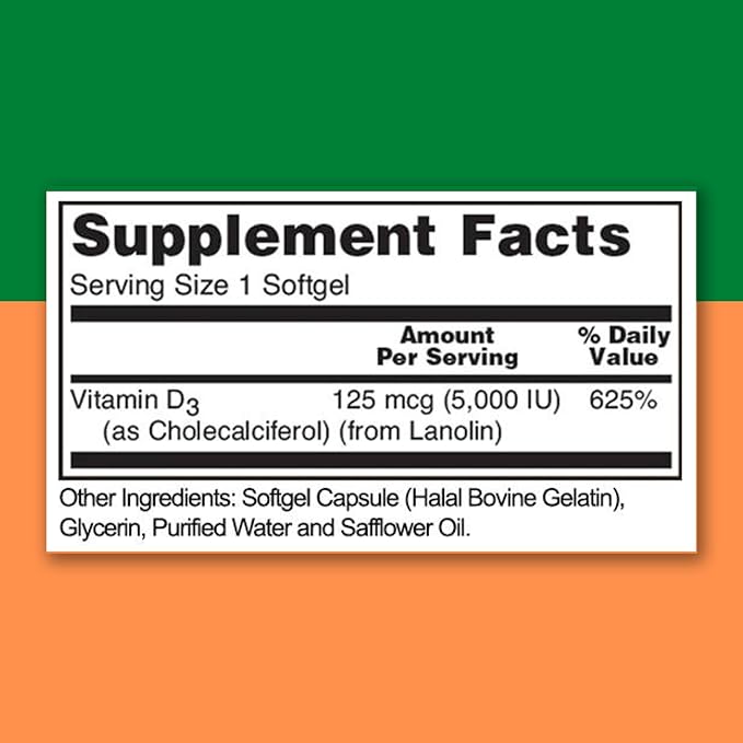 Zaytun Halal Vitamin D3 5000 IU, 180 Mini Softgels, Supports Bones, Healthy Muscle Function & Immune, Premium Vitamin D from Safflower Oil, 6 Months Supply, Non-GMO, Gluten-Free, Made in USA