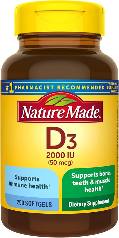 Nature Made Vitamin D3 2000 IU (50 mcg), Dietary Supplement for Bone, Teeth, Muscle and Immune Health Support, 250 Softgels, 250 Day Supply