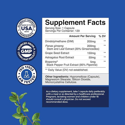 DIM Supplement for Men - Diindolylmethane Estrogen Blocker for Men Complex with DIM 200mg Panax Ginseng Grapeseed Astragalus & BioPerine - Hormone Balancing Aromatase Inhibitor DIM for Men (4 Months)