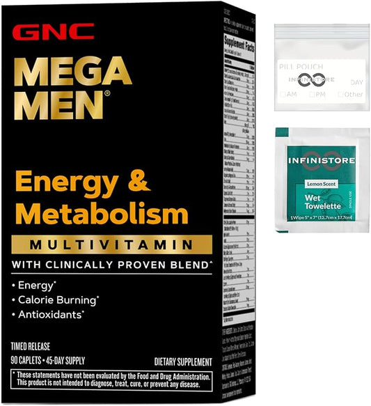 InfiniStore™ Medicine Pouch & Scented Moist Towelette Bundled with GNC Mega Men Multivitamin, Energy & Metabolism, 90 Tablets