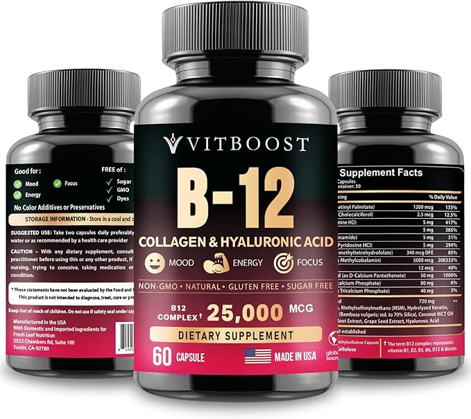 B12 with Hyaluronic Acid, Collagen and Folate – 25000 mcg B12 Methylcobalamin Supplement | Maximize Absorption & Energy | Gluten Free USA Made, B1, B2, B3, B6, B7 Complex - 60 Capsules