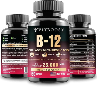 B12 with Hyaluronic Acid, Collagen and Folate – 25000 mcg B12 Methylcobalamin Supplement | Maximize Absorption & Energy | Gluten Free USA Made, B1, B2, B3, B6, B7 Complex - 60 Capsules