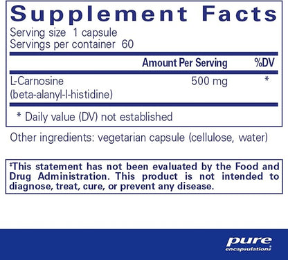Pure Encapsulations L-Carnosine | Amino Acid Supplement for Joints, Brain, Antioxidants, Heart Health, and Exercise* | 60 Capsules