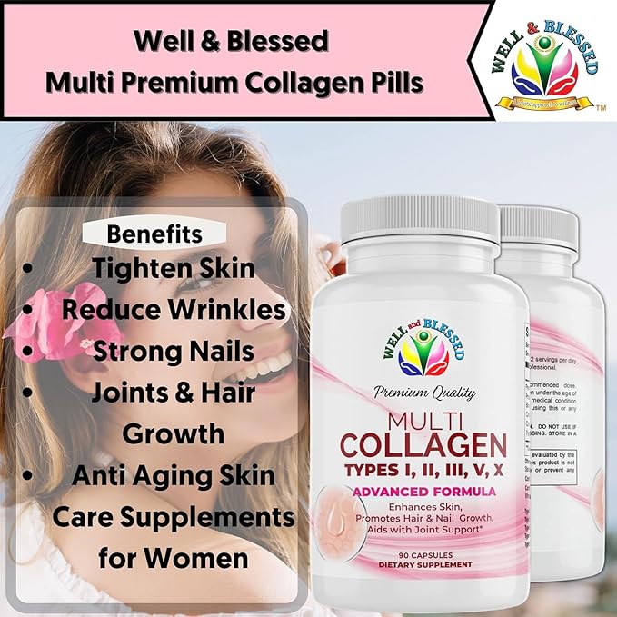Multi Premium Collagen Supplements for Women with Vitamin C, E -Tighten Skin, Reduce Wrinkles, Strong Nails, Joints & Hair Growth - Anti Aging Skin Care Supplements for Women -90 Capsules