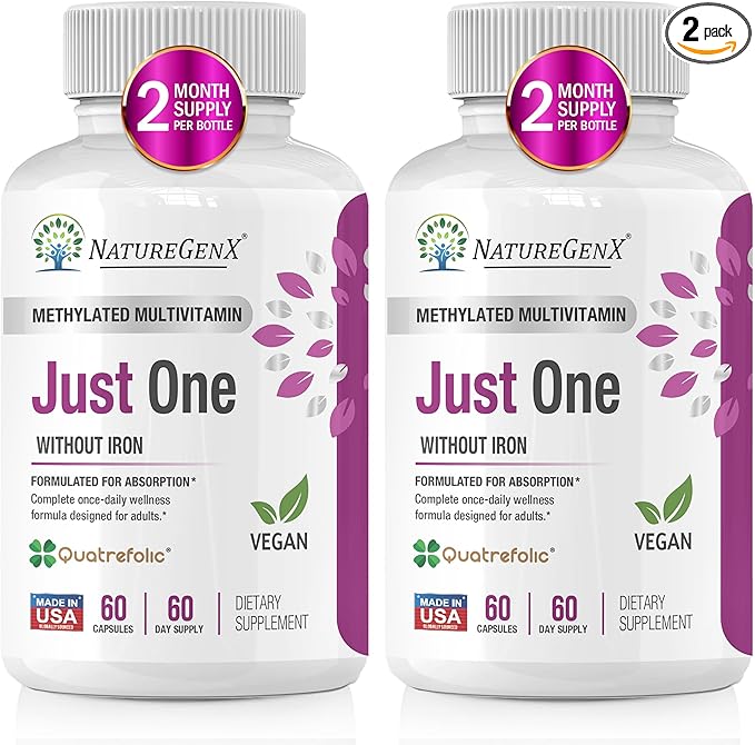 Just One Daily Methylated Multivitamin with Methyl B12, Quatrefolic Methylfolate, Pure MTHFR Supplement for Men and Women Without Iron, 2 Bottles (60 Vegan Capsules), USA-Made