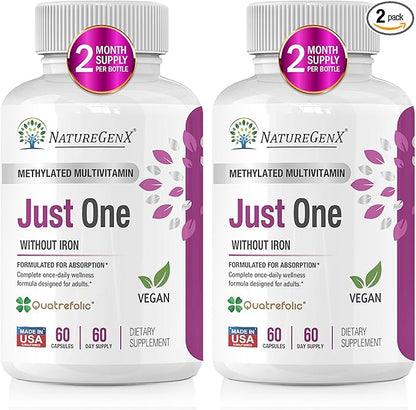 Just One Daily Methylated Multivitamin with Methyl B12, Quatrefolic Methylfolate, Pure MTHFR Supplement for Men and Women Without Iron, 2 Bottles (60 Vegan Capsules), USA-Made
