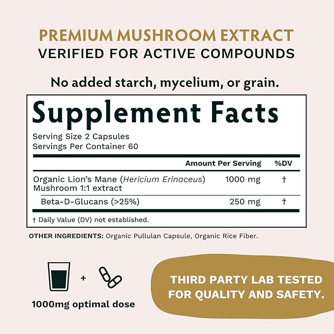 TRIBE ORGANICS Lion’s Mane Supplement 1800mg Mushroom Extract Powder - Immune System Booster & Brain Nootropic for Focus and Memory | Mental Clarity | Natural Energy and Immunity - 120 Vegan Capsules