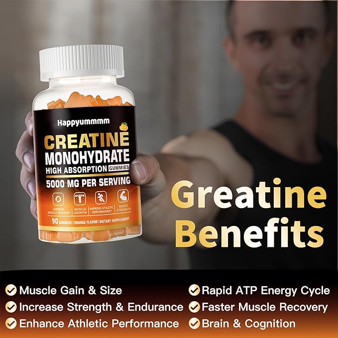 Creatine Monohydrate Gummies 5g for Men Women - Sugar Free Chewable Supplement. 180 Gummies Orange.