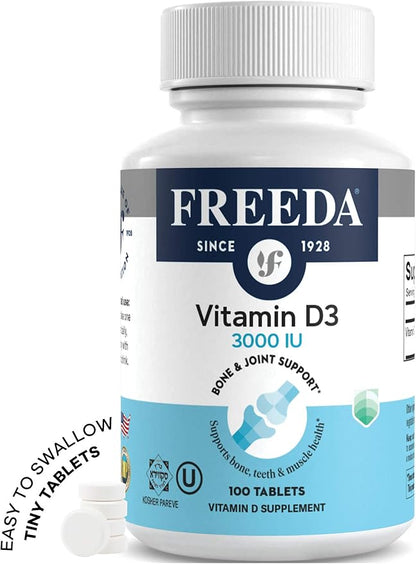 FREEDA Vitamin D3-3000 IU - Pure High Potency Kosher Supplement Tablets - Bone and Muscle Health, Calcium Absorption, Immune Support for Men and Women* - 100 Tiny Tablets