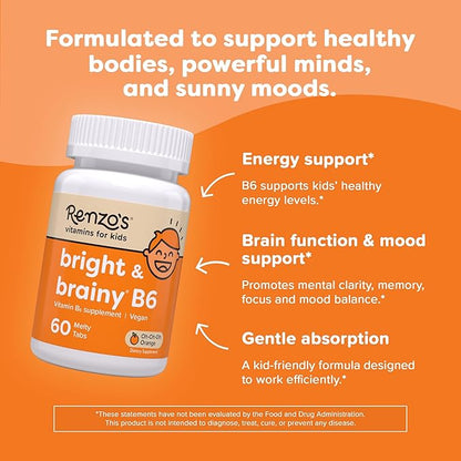 Renzo's Bright & Brainy Vitamin B6 - Dissolving Kids Vitamin B6-60 Sugar-Free Melty Tabs, Oh Oh Oh Orange Flavored