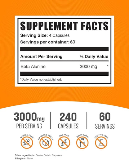 BulkSupplements.com Beta Alanine Capsules - Beta Alanine Supplement, Beta Alanine Pills, Beta Alanine 3000mg - Gluten Free, 4 Capsules per Serving, 240 Capsules (Pack of 1)