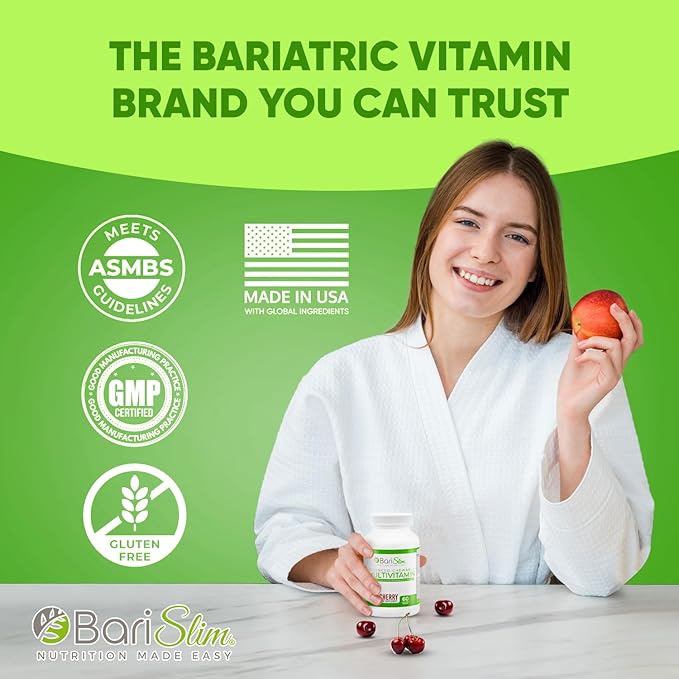 BariSlim Advanced Chewable Bariatric Multivitamin Tablets - Bariatric Vitamin and Supplement for Post Bariatric Surgery Including Gastric Bypass and Gastric Sleeve | Wild Cherry (60 Count)