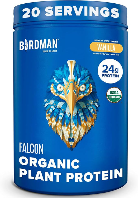 BIRDMAN Falcon Organic Vegan Protein Powder Vanilla, 24g Protein, Sugar Free, Probiotics, Low Carb, Keto Friendly, Dairy Free, Lactose Free, Non Whey, Plant Based Pea Protein Powder - 20 Servings