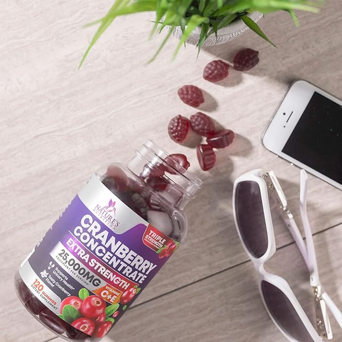 Cranberry Gummies - Urinary Tract Health Gummy + Vitamin C - 25,000mg - Triple Strength Cranberry Concentrate Extract Supplement Pills, Ultimate Potency, Non-GMO, Gluten Free - 120 Gummies