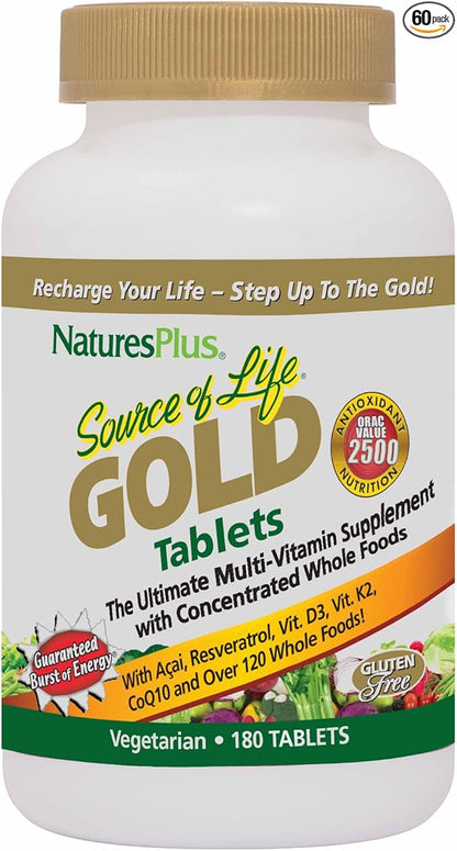 Source of Life Gold Multivitamin - 180 Tablets - Blood Support, Bone Support, Healthy Immune System - Includes Vitamins D3, B12, K2 & Over 120 Whole Food Nutrients - 60 Servings