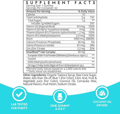 Sugarbear Hair Vitamin Gummy 6 Month Supply Extra Strength Biotin 6000mcg + Glass Nail File -Growth for Men & Women, Vegan Vitamin B12, MSM, Inositol, Elderberry, Certified Kosher, Halal, Cruelty-Free