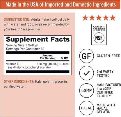 NatureWise Vitamin E 400 IU Softgels (180mg DL-Alpha) - Dairy, Gluten, and Soy Free, Non-GMO Antioxidant Dietary Supplement for Skin, Heart, Eye, and Immune Health Support - 2-Month Supply, 60 Count