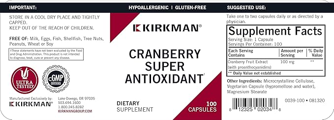 Cranberry Super Antioxidant, 100 Capsules, Kirkman Labs