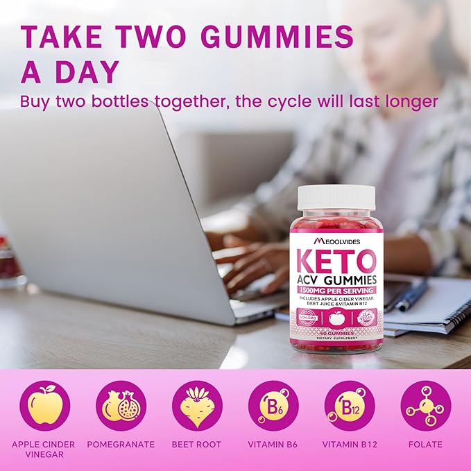 Keto ACV Gummies - Apple Cider Vinegar Gummies with B6 & B12, Vegan, Gelatin-Free, Keto Support, Detox Cleanse, Non-GMO, for Men & Women, 60 Gummies
