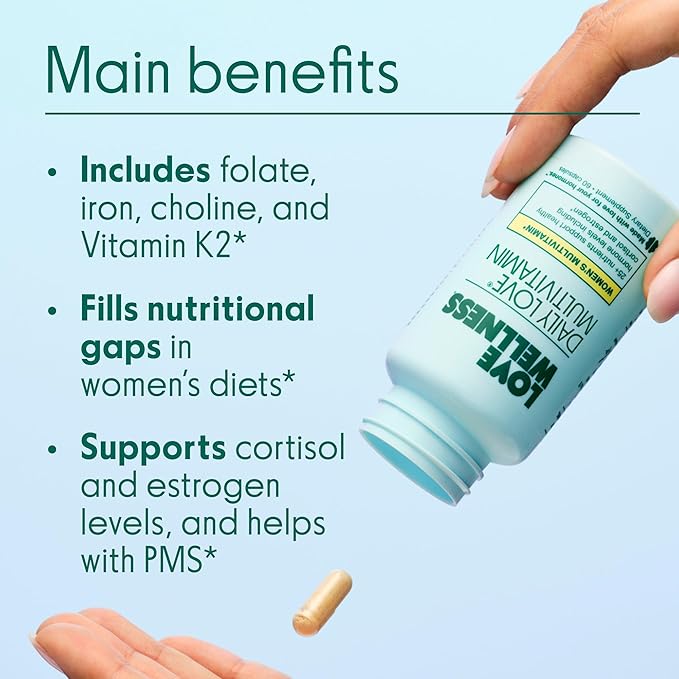 Love Wellness Daily Love Multivitamin for Women | Supports Energy, Cortisol, Immune Health, Stress Relief, & PMS | Complete with Vitamin D, C, Iron, Calcium, Zinc, & Biotin, Magnesium | 60 Count