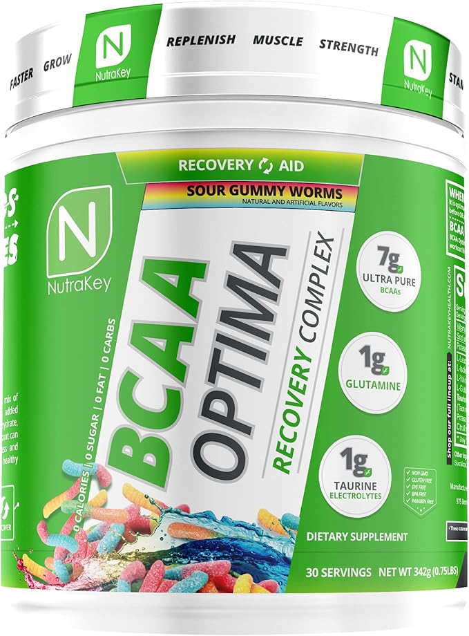 NutraKey BCAA Optima Post Workout Recovery Complex, No Sugar, No Carb, Recovery Aid, Sour Gummy Worms