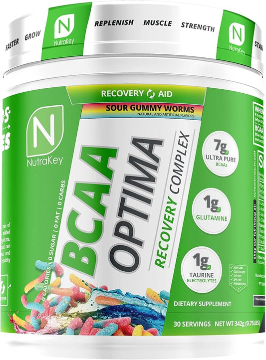 NutraKey BCAA Optima Post Workout Recovery Complex, No Sugar, No Carb, Recovery Aid, Sour Gummy Worms