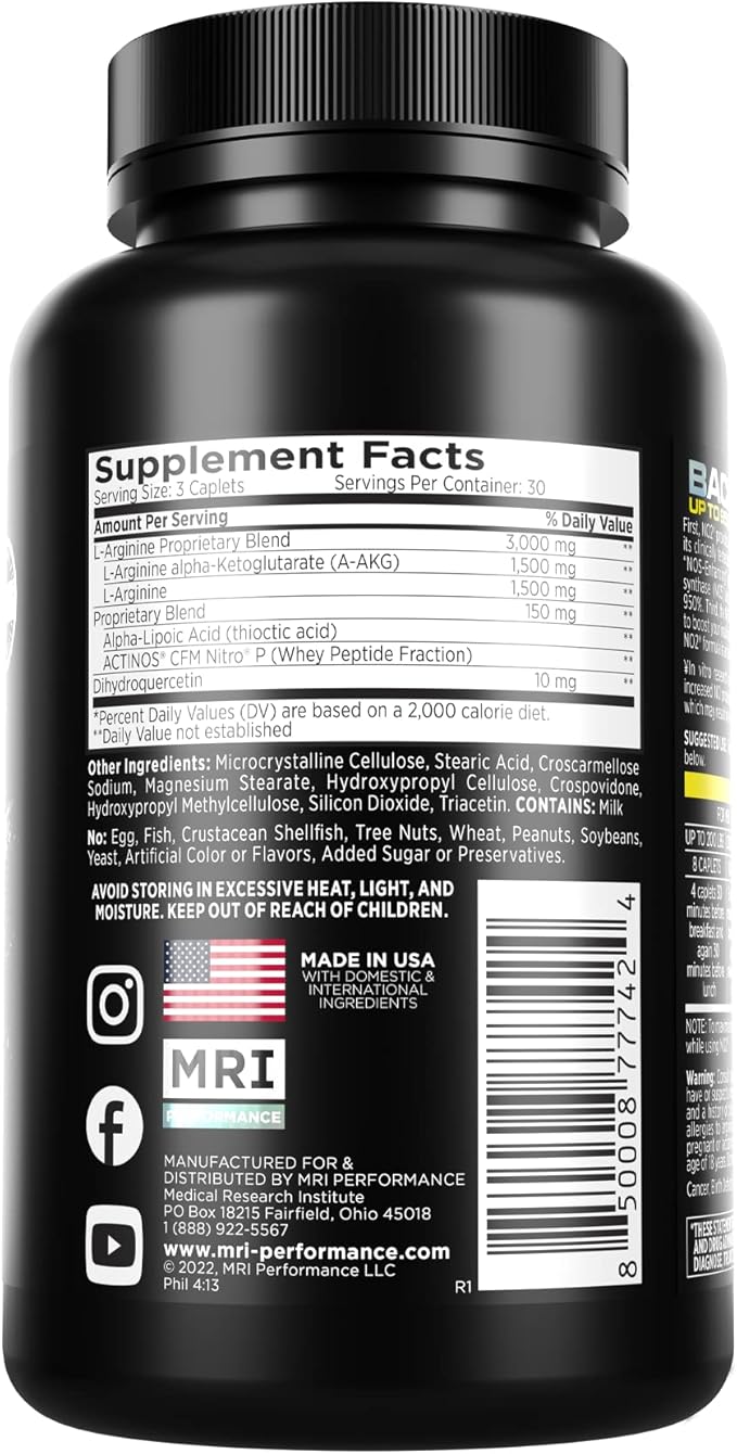 MRI Performance NO2 Nitric Oxide Original Formula All Day Perpetual Pump, Stim-Free Pre-Workout, N.O. Booster with L-Arginine Alpha Ketoglutarate AAKG, Power, Strength, Lean Muscle Mass & Vascularity
