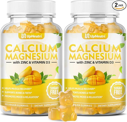 Calcium Magnesium Zinc with Vitamin D3 Supplement, Sugar Free Calcium Gummies for Women Men, High Absorption Zinc Gummies for Bone & Muscle & Immune Health, Vegan Mango Flavor - 120 Count
