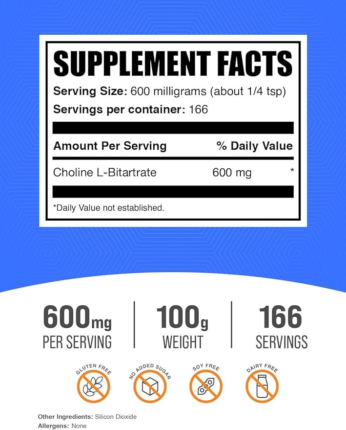 BulkSupplements.com Choline Bitartrate Powder - as Choline L-Bitartrate, Choline Supplement, Choline 600mg - Gluten Free, 600mg per Serving, 100g (3.5 oz) (Pack of 1)
