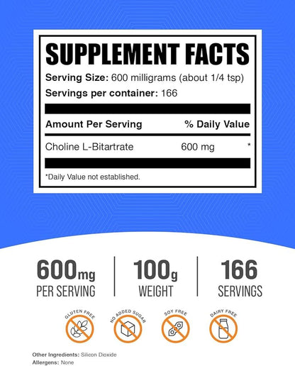 BulkSupplements.com Choline Bitartrate Powder - as Choline L-Bitartrate, Choline Supplement, Choline 600mg - Gluten Free, 600mg per Serving, 100g (3.5 oz) (Pack of 1)